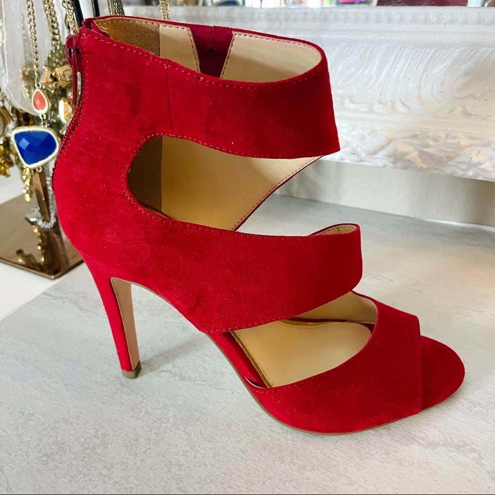Jessica Simpson red suede caged heels